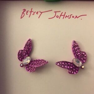 Betsey Johnson Pink Metallic Boho Butterfly Stud Earrings Crystal Accents NIB